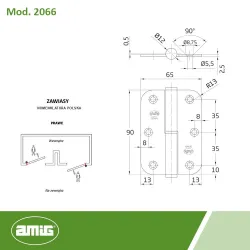 Zawias do drzwi 90x65mm stal mosiądzowany PRAWY (pl) mod. 423