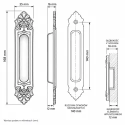 Uchwyt wpuszczany do drzwi mebli Żelazo antyczne NICHE 168mm Włoski