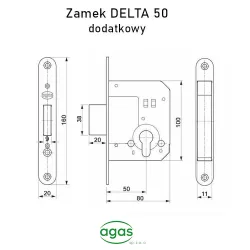 Zamek dodatkowy na wkładkę 50mm F20x160 nikiel satyna DELTA bez zaczepu